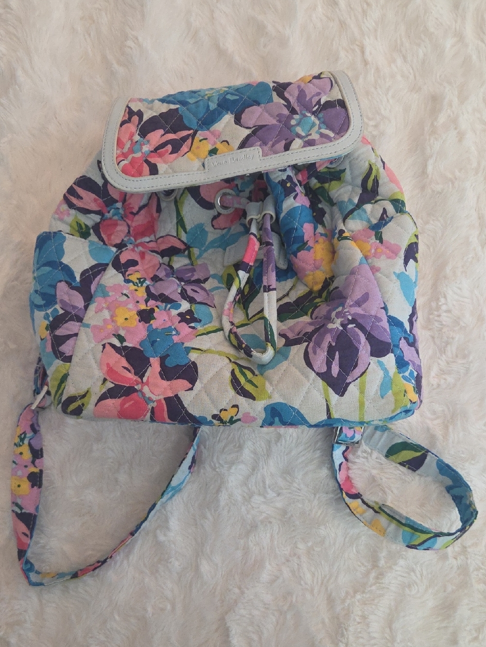 Vera Bradley Quilted Floral Drawstring Backpack in Blue, Purple, Pink